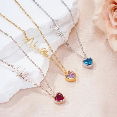 Personalized Heart Birthstone Pendant Necklace with Name Dainty Jewelry