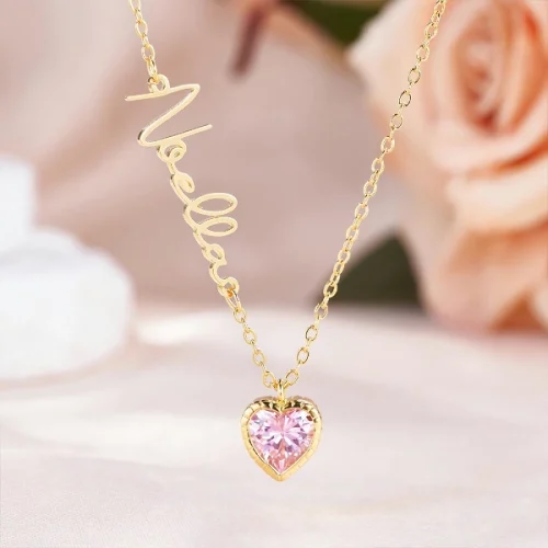 Personalized Heart Birthstone Pendant Necklace with Name Dainty Jewelry