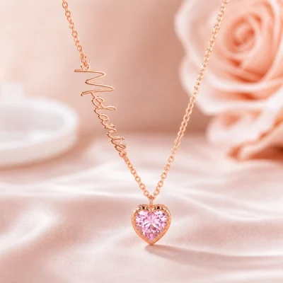 Personalized Heart Birthstone Pendant Necklace with Name Dainty Jewelry