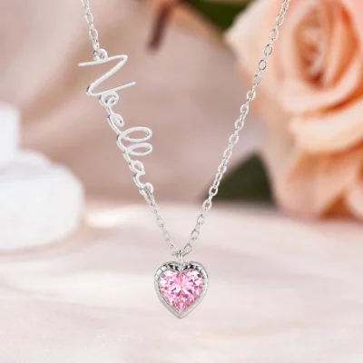 Personalized Heart Birthstone Pendant Necklace with Name Dainty Jewelry